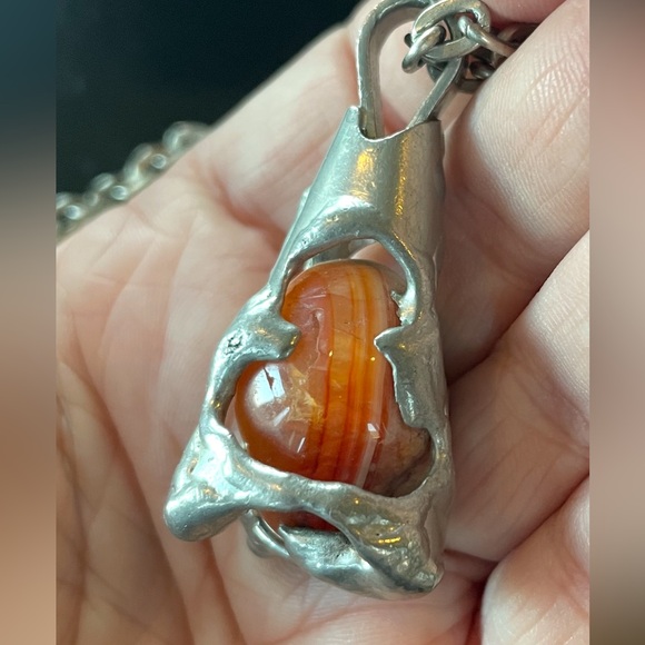 Danish Design SMYK brutalist necklace carnelian agate silver metal 25” chain - Picture 3 of 16